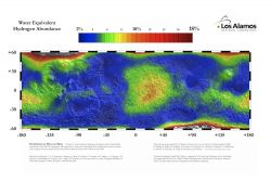 The neutron spectrometer aboard Mars Odyssey mapped the amount of water-equivalent hydrogen in the Martian subsurface. Scientists use hydrogen content as a means of determining how much water ice lies in the ground. This map shows Mars between 60° north and south. (NASA/Los Alamos National Laboratory)